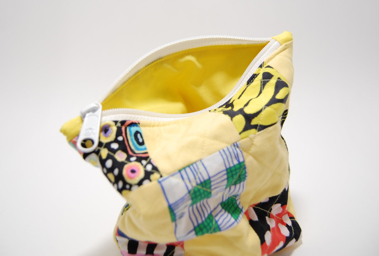Yellow Geometric Quilted Patchwork 6" Zippered Makeup Bag/Pouch
