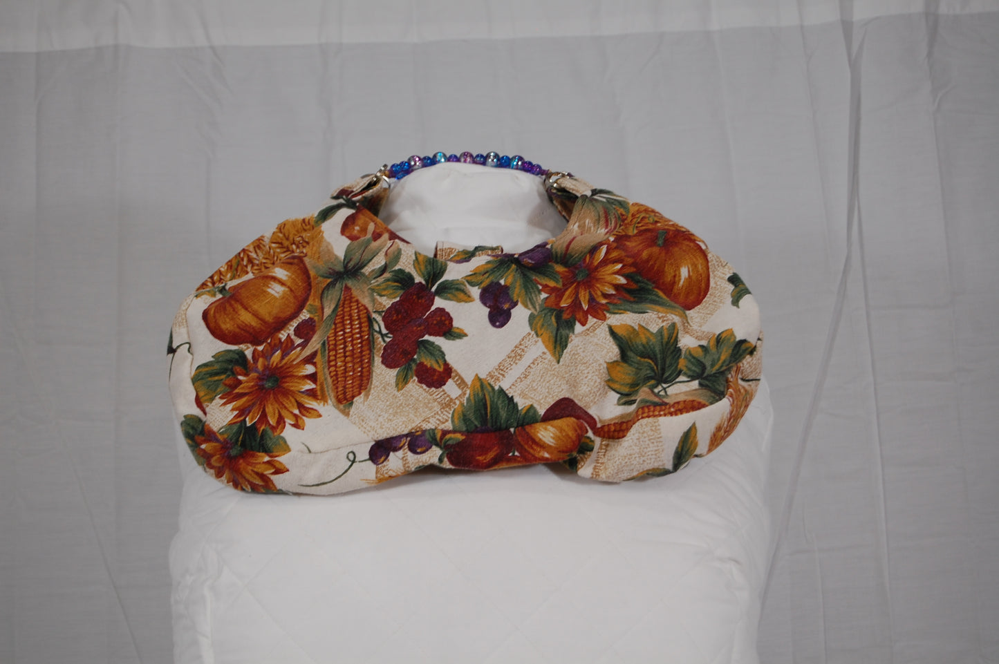 Floral Crescent Beaded Handle Handbag