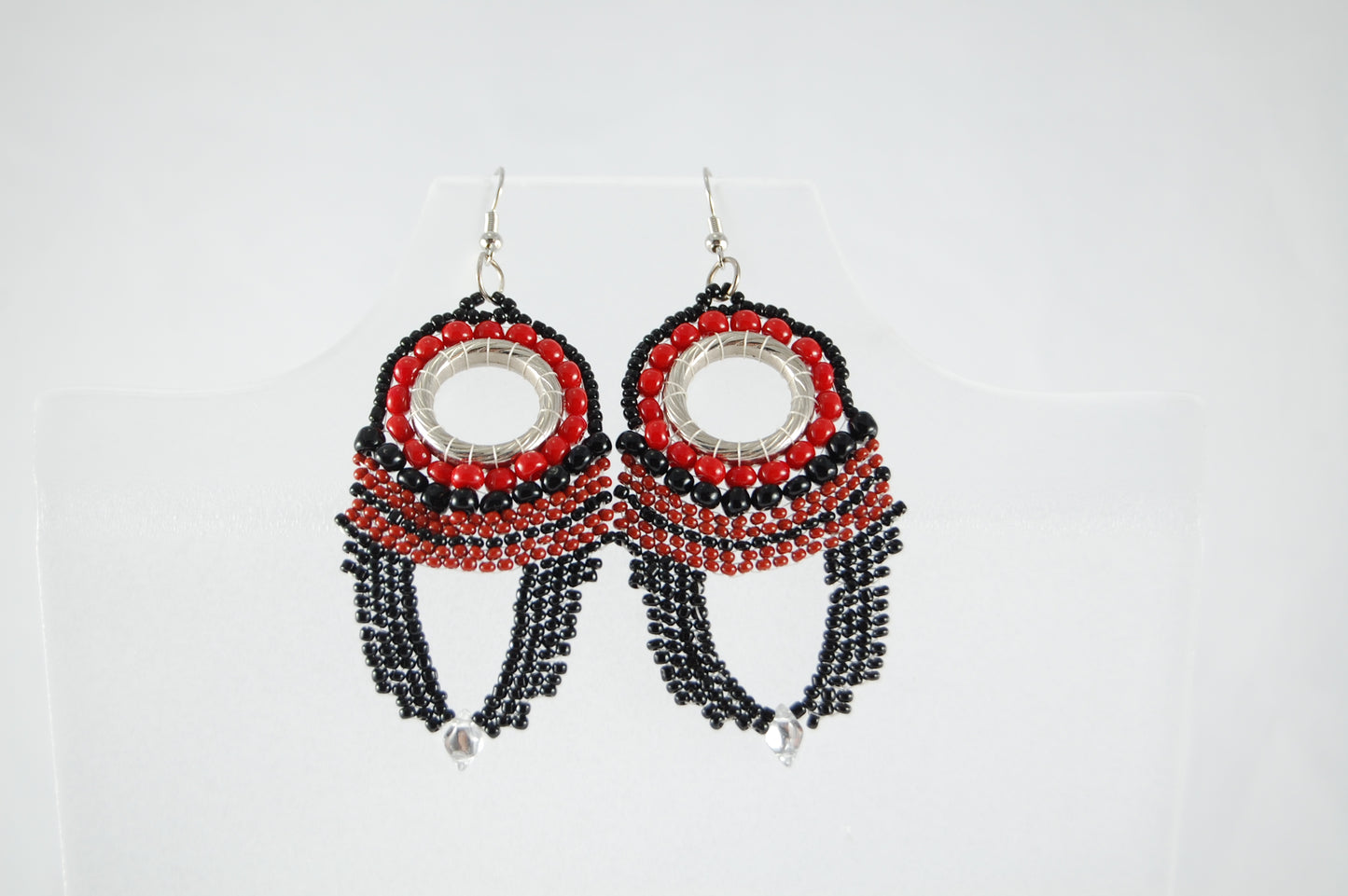 Red and Black Bohemian Beaded Fringe Earrings