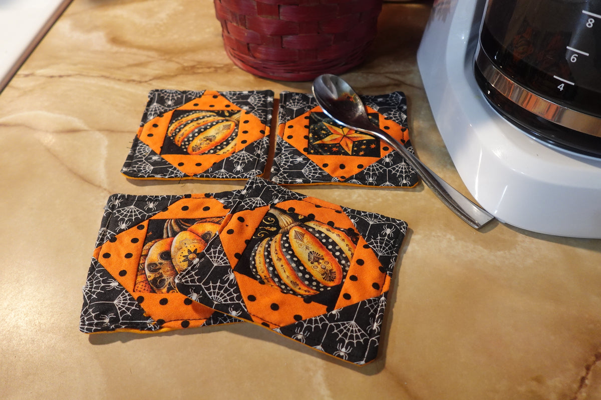 Jack-O'-Lantern Quilted Coasters | Handmade Fabric Coasters | Set of 4