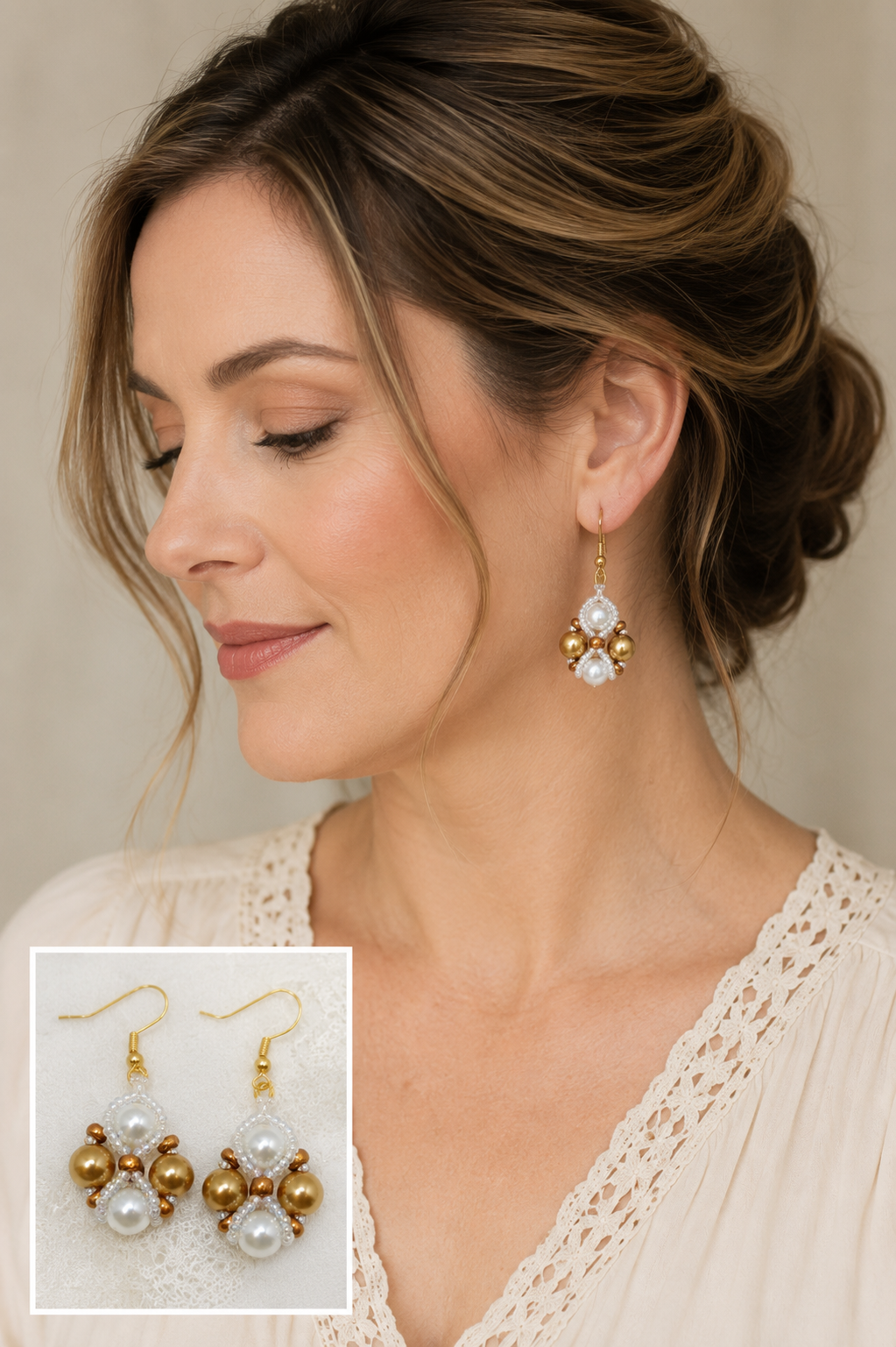 Gold & Pearl Handmade Beaded Earrings | Elegant Pearl Jewelry