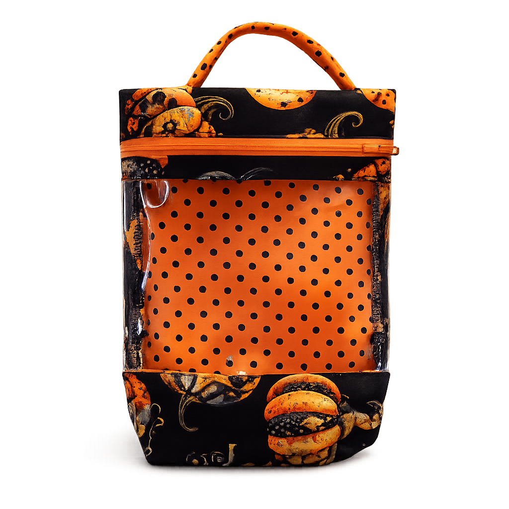 Handmade Pumpkin Print Storage Bag | Clear Front Organizer | Travel, Sewing & Project Bag