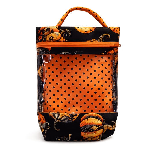 Handmade Pumpkin Print Storage Bag | Clear Front Organizer | Travel, Sewing & Project Bag