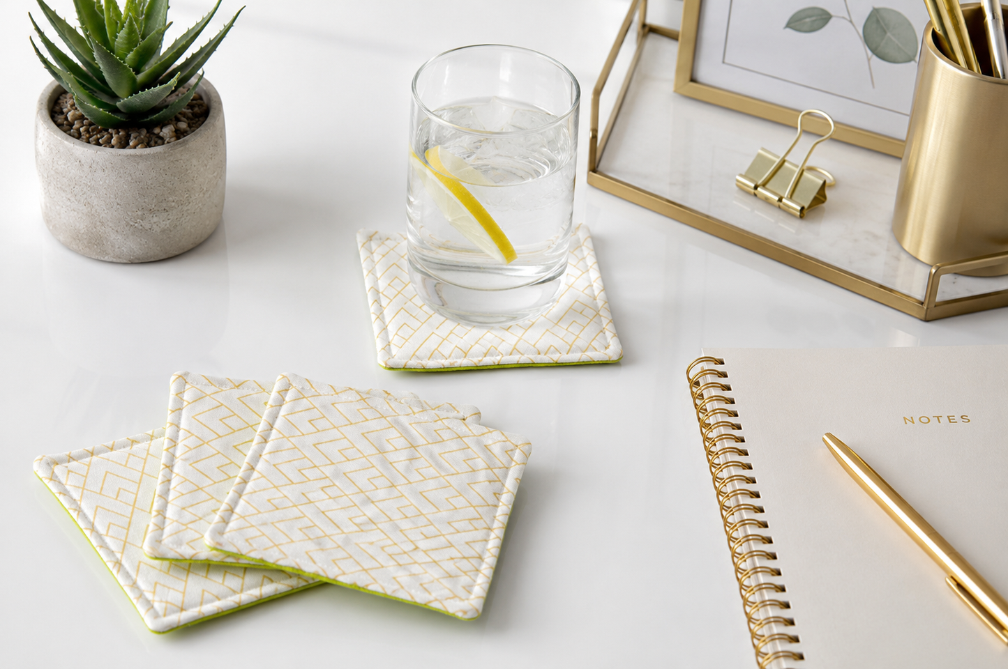Modern Green and Gold Mug Rug Set – Handmade Quilted Coasters