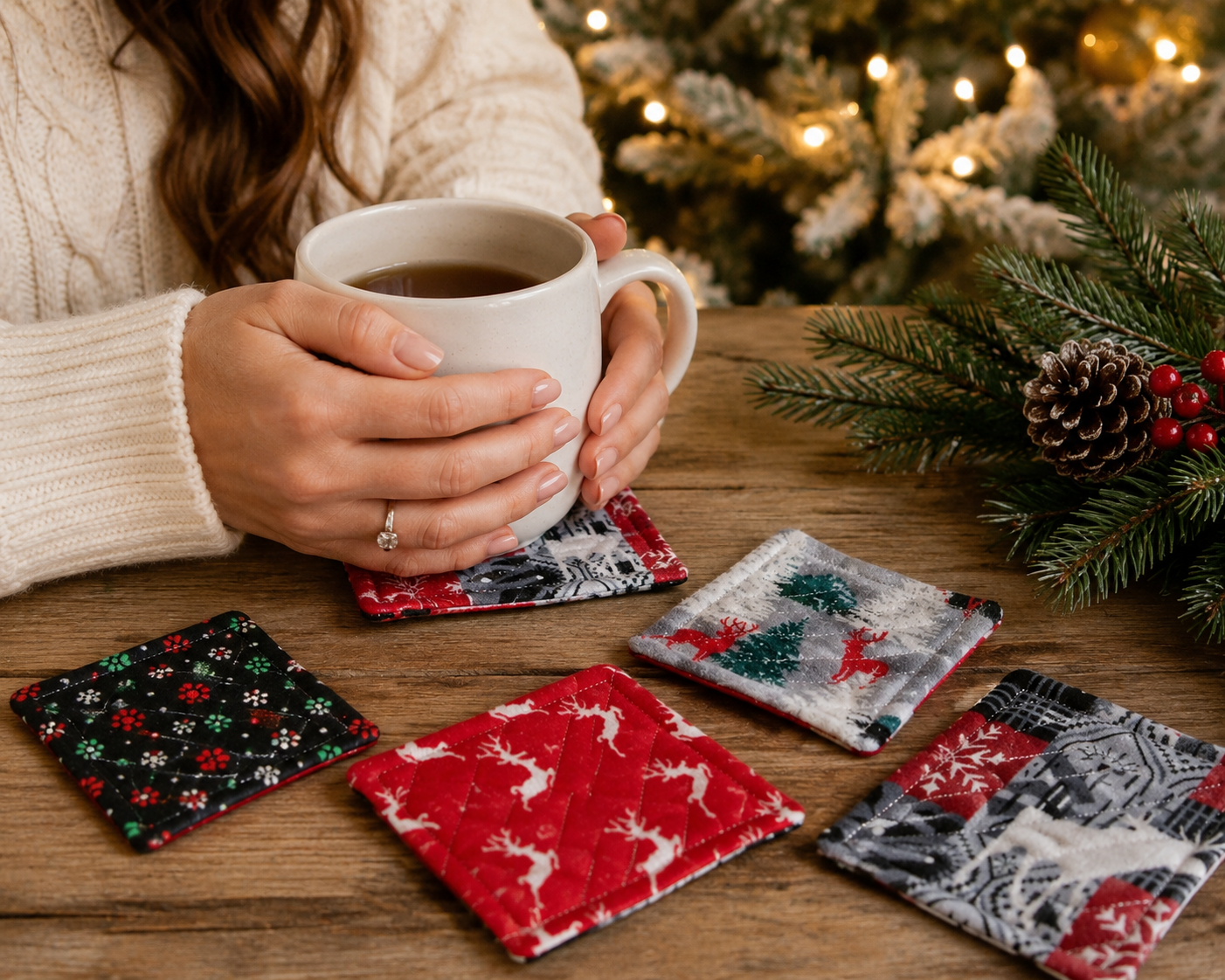 Handmade Christmas Mug Rugs – Set of 5 Quilted Holiday Coasters