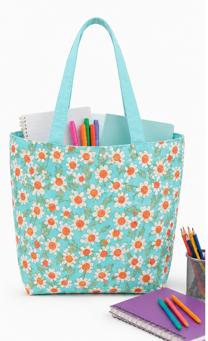 Handmade Daisy Tote Bag with Blue Straps | Retro Floral Shoulder Bag