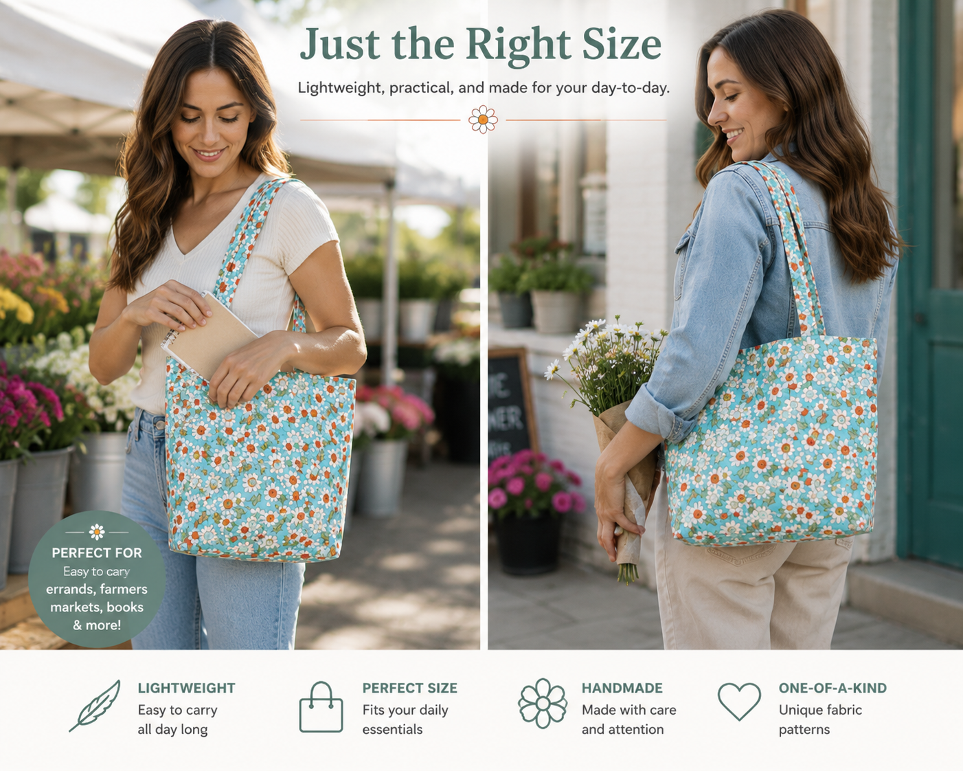 Handmade Daisy Print Tote Purse | Retro Floral Everyday Bag