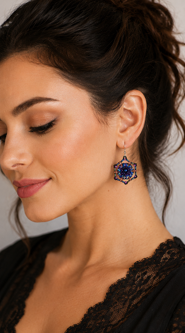 Celestial Web Beaded Earrings | Handwoven Blue & Purple Statement Earrings