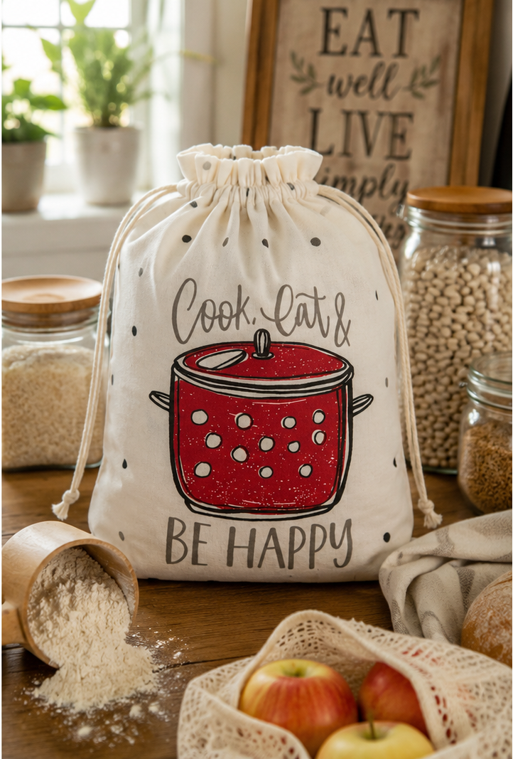 Cook Eat Be Happy Reusable Produce Bag | Eco-Friendly Drawstring Grocery Sack