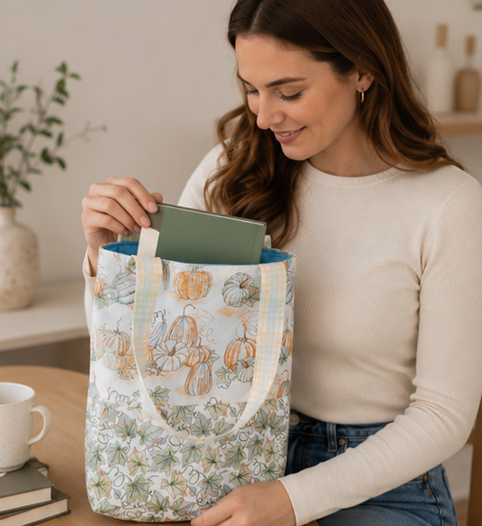 Pumpkin Patch Tote Bag | Handmade Fall Book Tote | Reusable Autumn Grocery Bag | Cottagecore Everyday Shoulder Bag