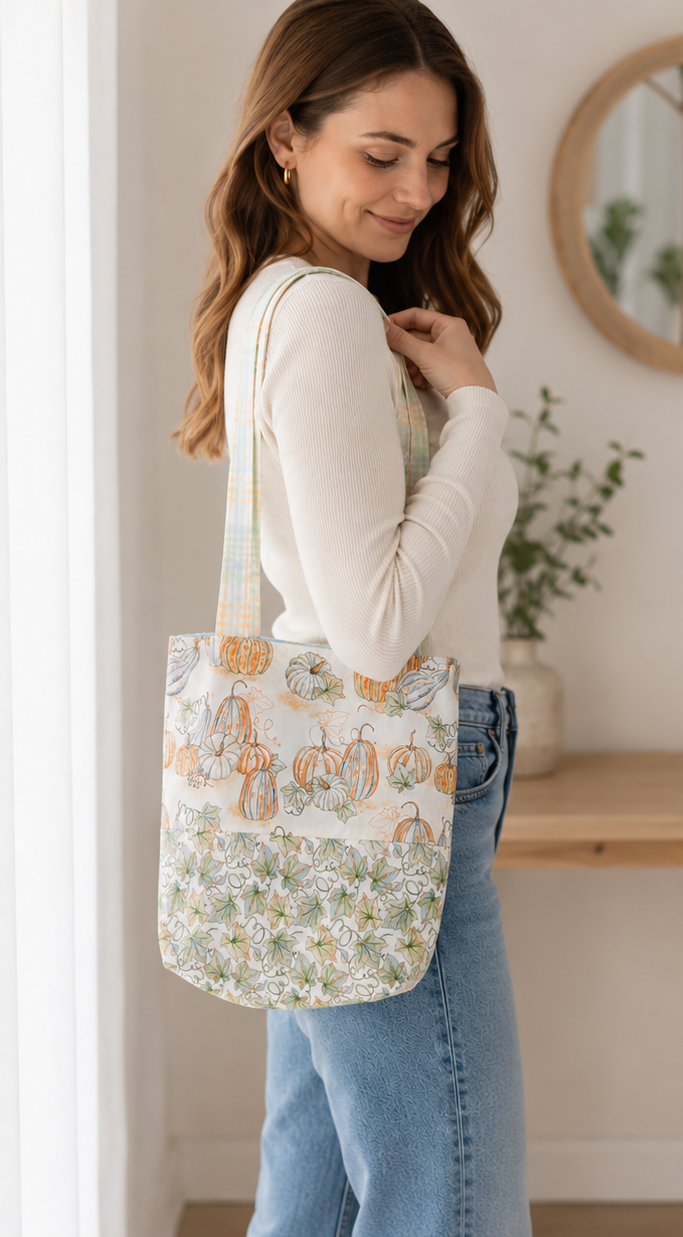Pumpkin Patch Tote Bag | Handmade Fall Book Tote | Reusable Autumn Grocery Bag | Cottagecore Everyday Shoulder Bag