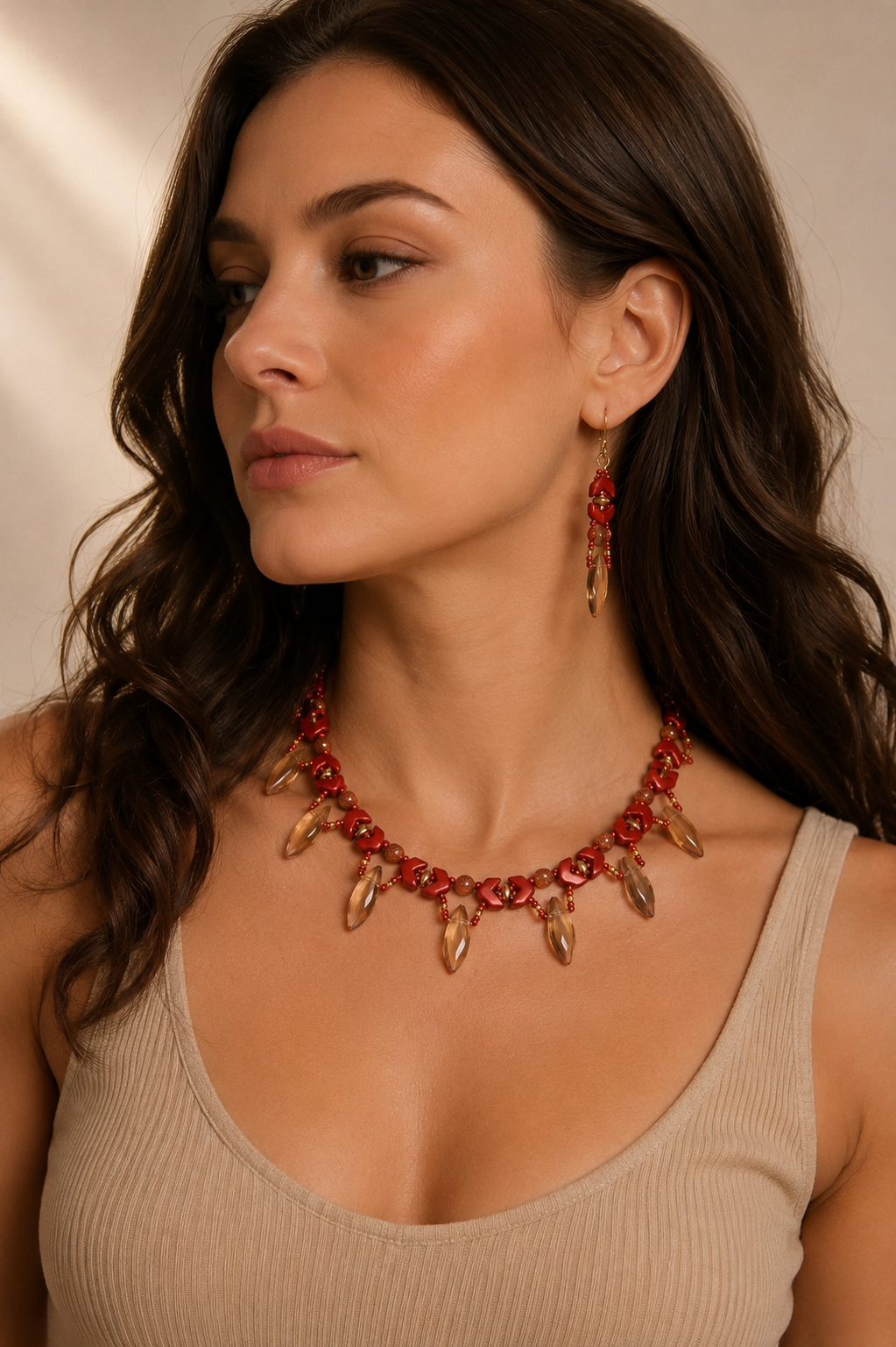 Red Crystal Statement Necklace and Earrings Set | Handmade Beaded Jewelry