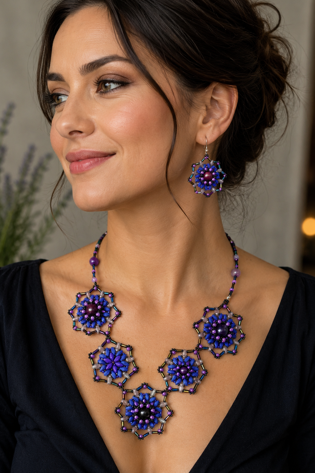 Purple and Blue Mandala Statement Necklace & Earring Set