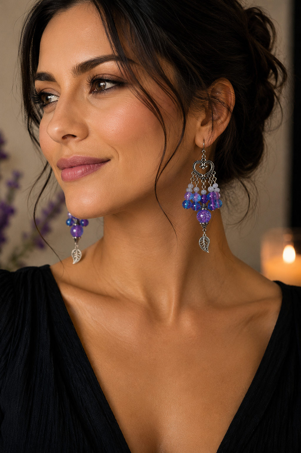 Purple Heart and Crackle Bead Chandelier Earrings