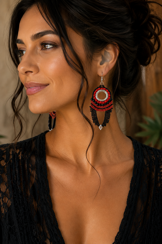 Red and Black Bohemian Beaded Fringe Earrings