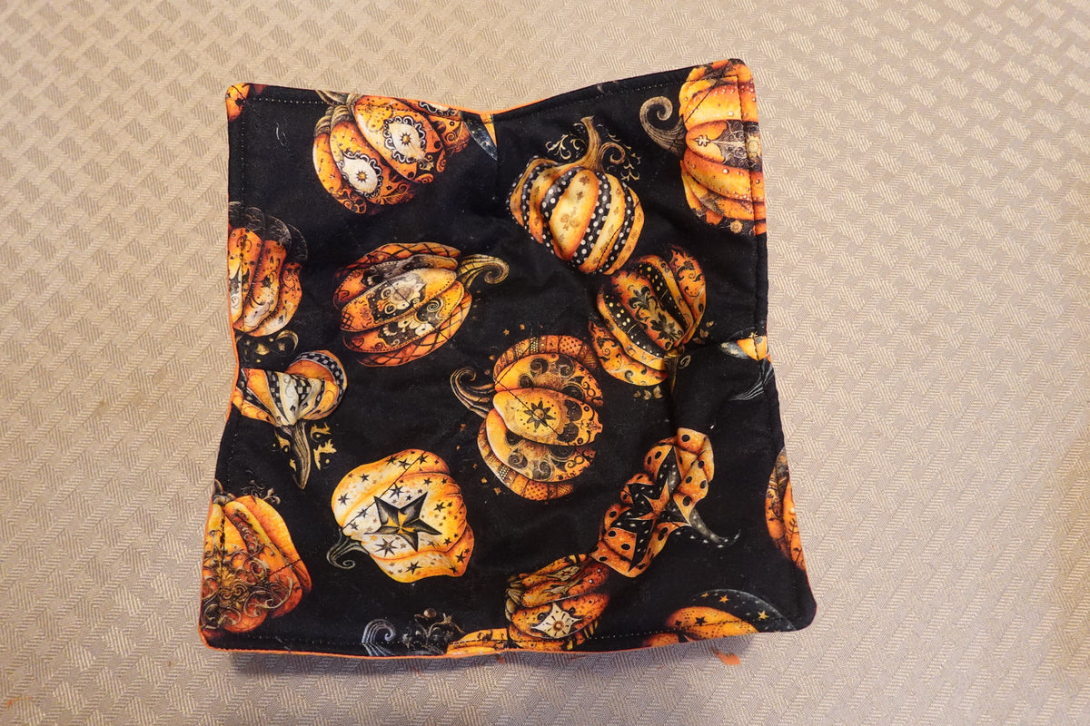 Pumpkin Star Microwave Bowl Cozy | Handmade Cotton Bowl Holder | Reversible Halloween Kitchen Decor