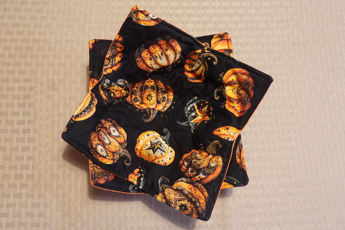 Pumpkin Star Microwave Bowl Cozy | Handmade Cotton Bowl Holder | Reversible Halloween Kitchen Decor