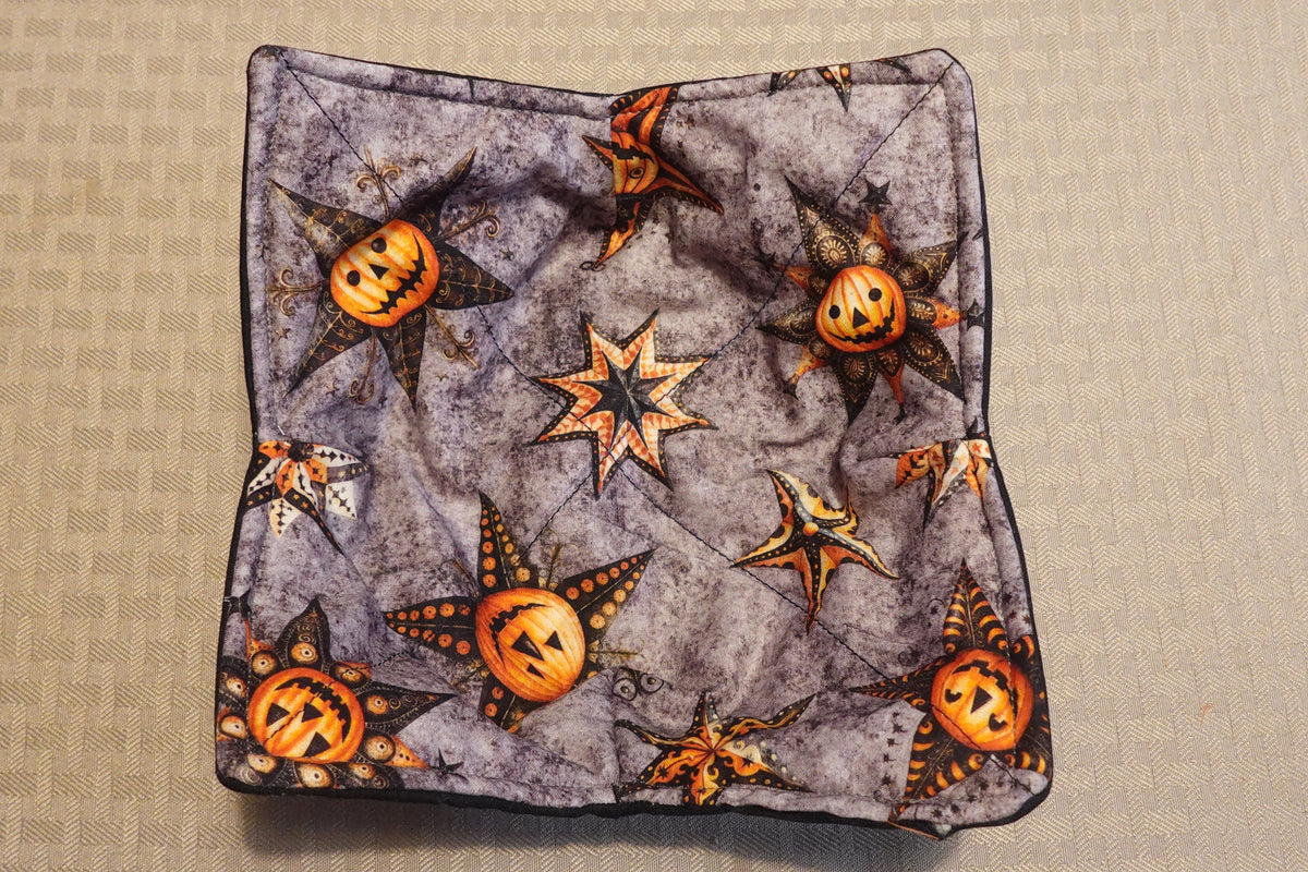 Ornate Pumpkin Microwave Bowl Cozy | Handmade Cotton Soup Bowl Holder | Reversible Fall Kitchen Gift