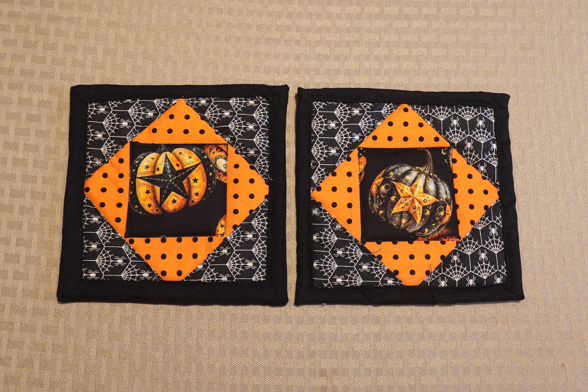 Pumpkin Patch Halloween Pot Holder Set | Handmade Quilted Hot Pads | Set of 2