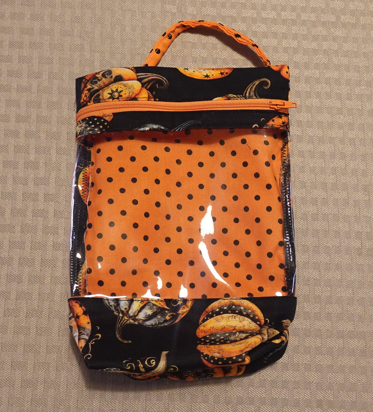 Handmade Pumpkin Print Storage Bag | Clear Front Organizer | Travel, Sewing & Project Bag