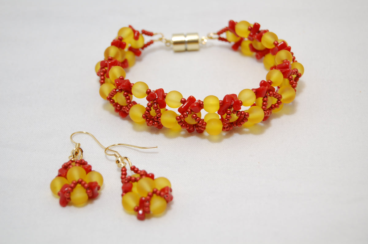 Yellow & Red Beaded Bracelet & Earring Set