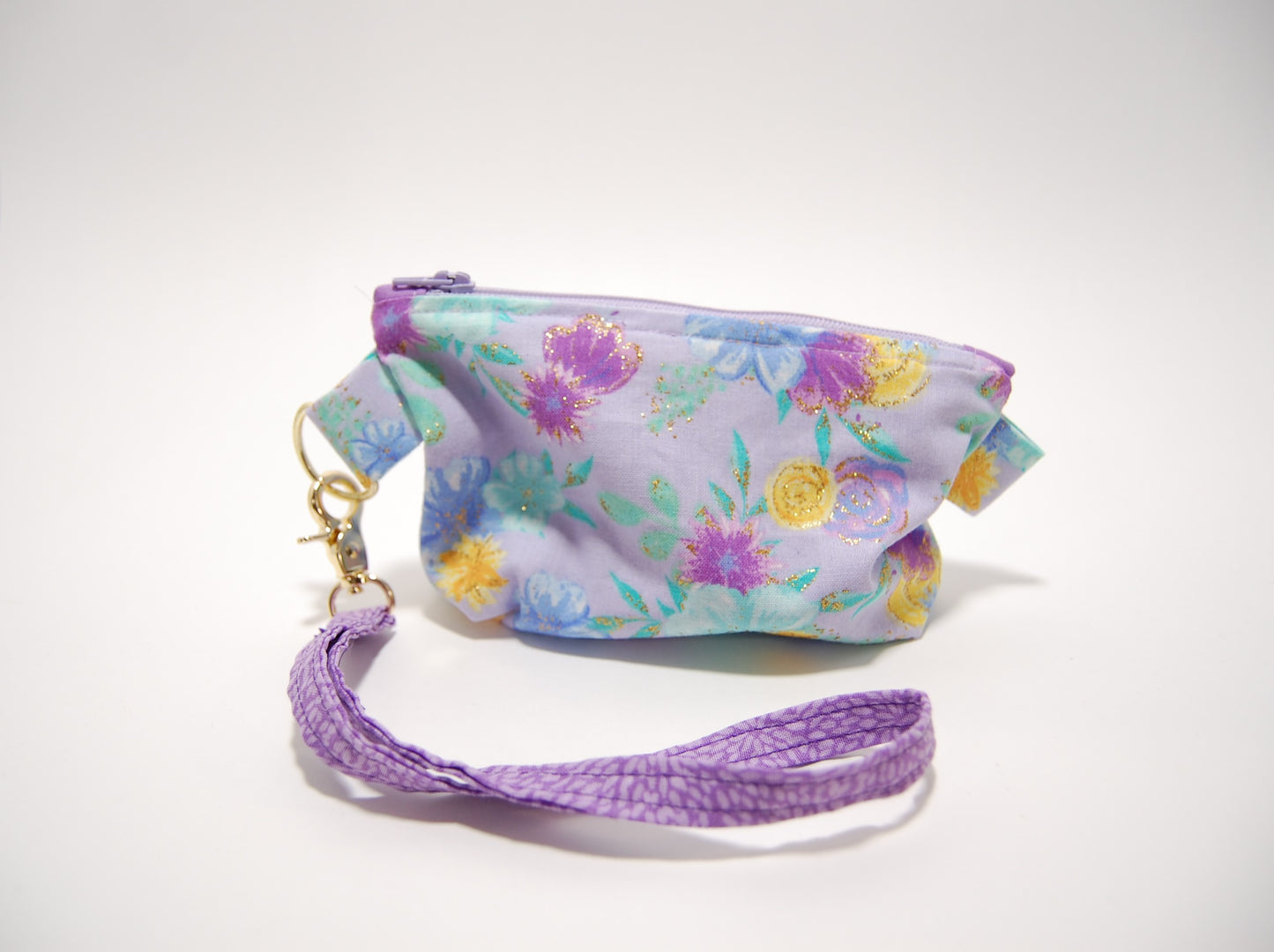 Purple Floral Mini Zipper Pouch with Wristlet Strap