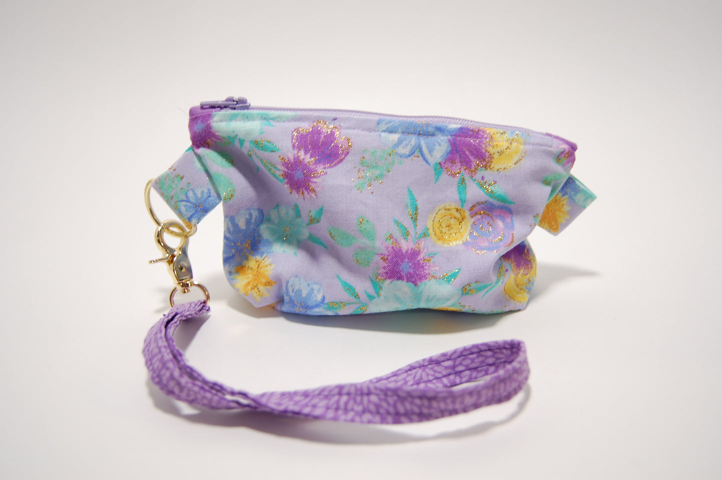 Purple Floral Mini Zipper Pouch with Wristlet Strap