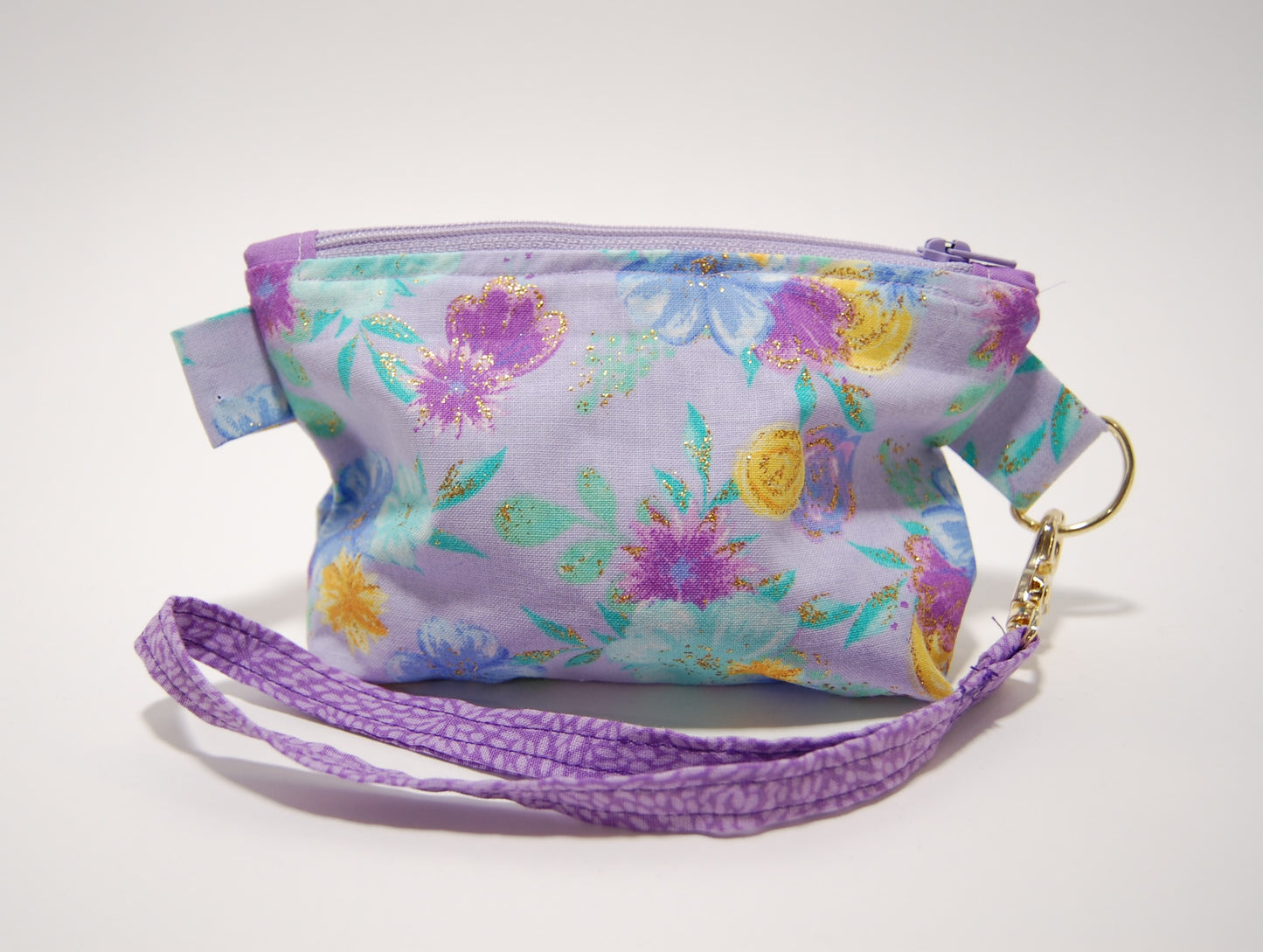 Purple Floral Mini Zipper Pouch with Wristlet Strap