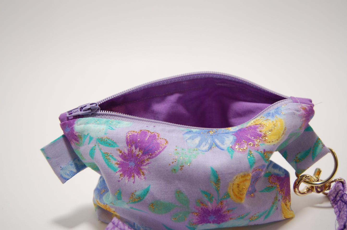 Purple Floral Mini Zipper Pouch with Wristlet Strap