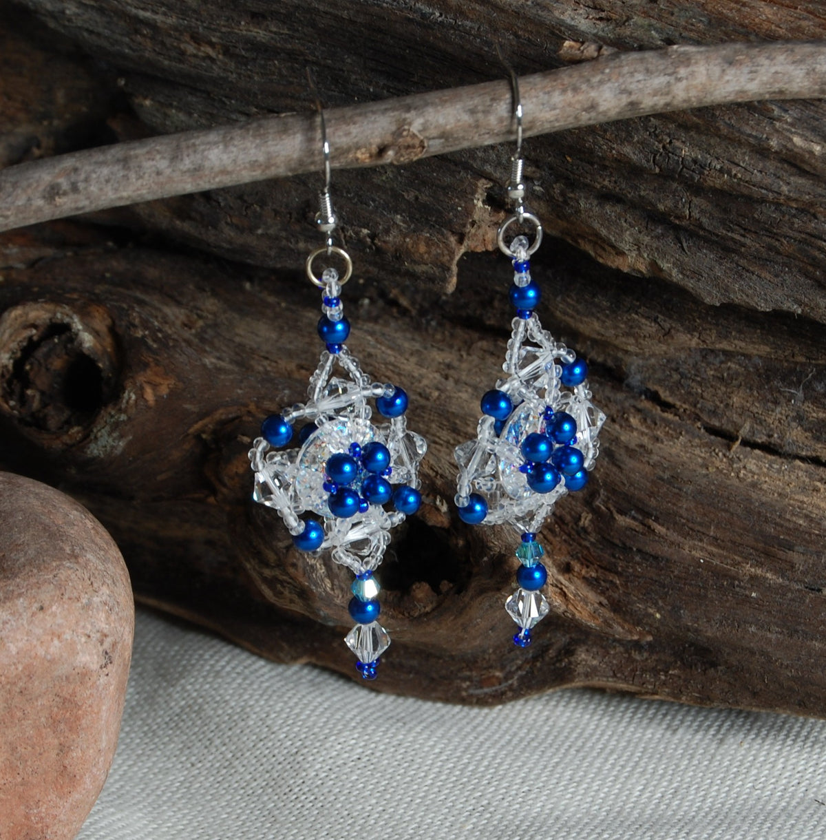 Cobalt Blue Crystal Beaded Earrings | Handmade Statement Dangle Earrings