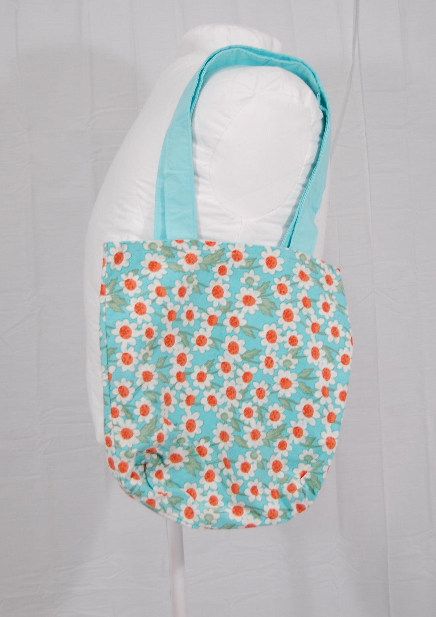 Handmade Daisy Tote Bag with Blue Straps | Retro Floral Shoulder Bag