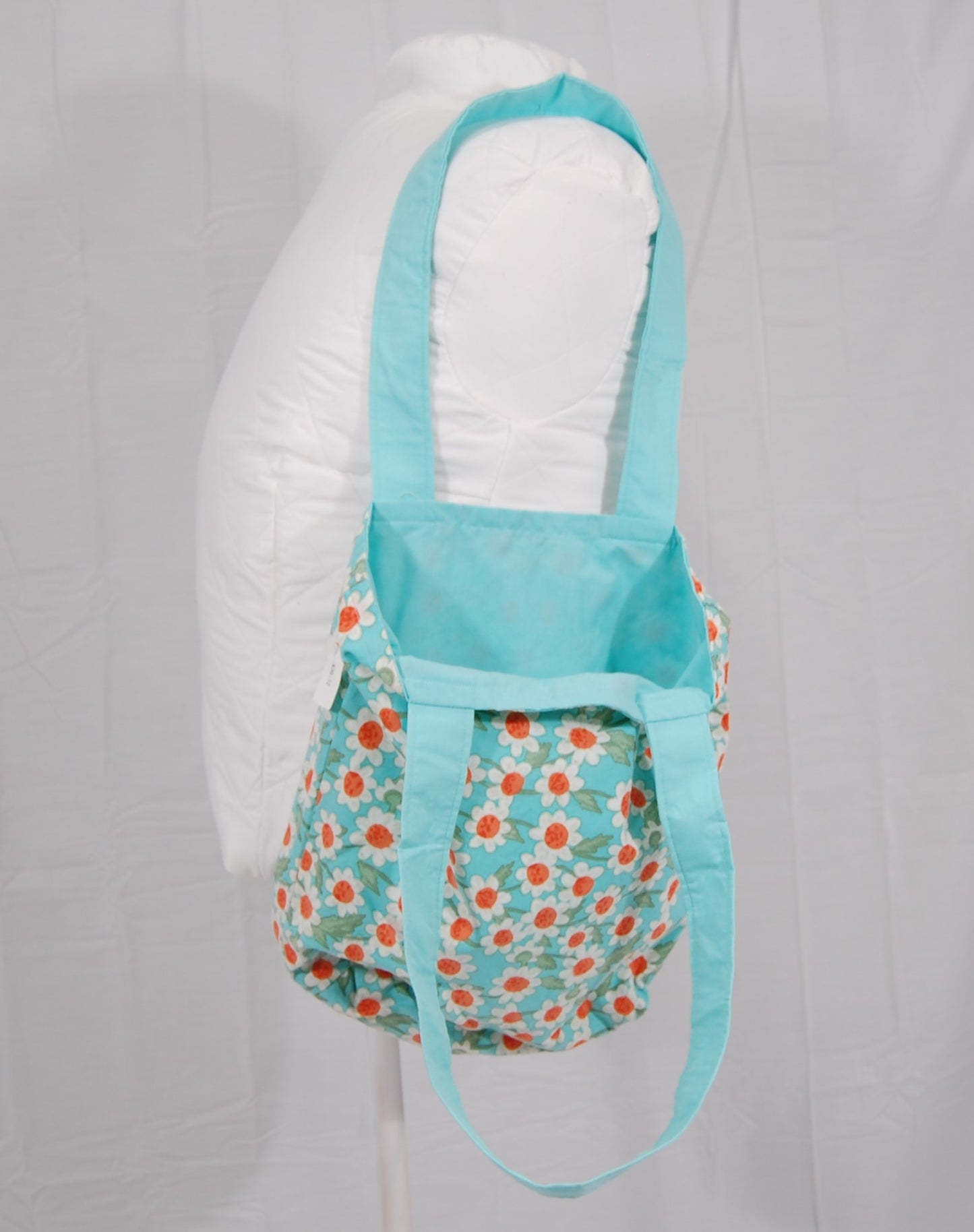 Handmade Daisy Tote Bag with Blue Straps | Retro Floral Shoulder Bag