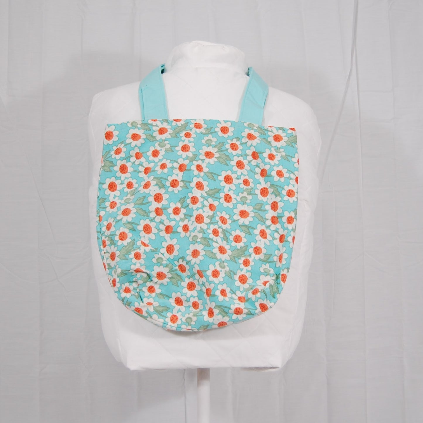 Handmade Daisy Tote Bag with Blue Straps | Retro Floral Shoulder Bag