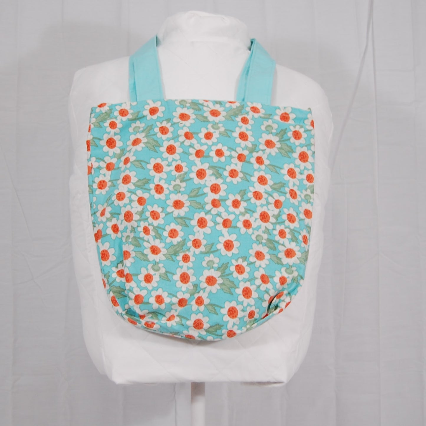 Handmade Daisy Tote Bag with Blue Straps | Retro Floral Shoulder Bag