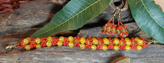 Yellow & Red Beaded Bracelet & Earring Set