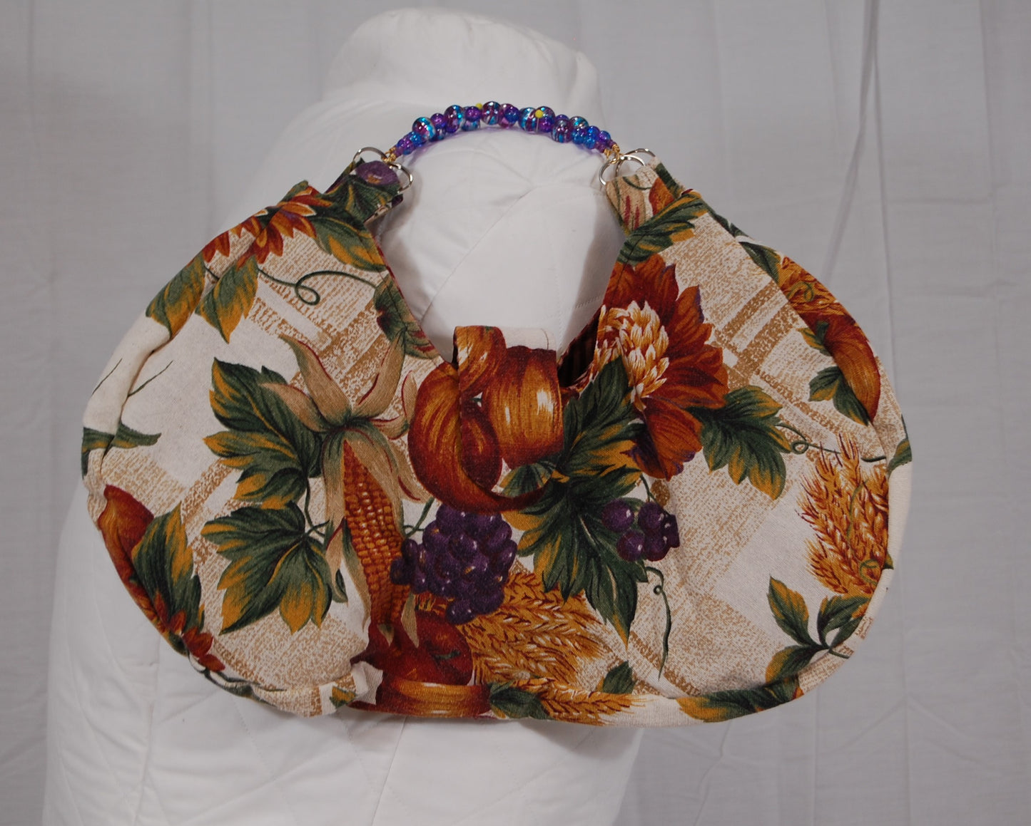 Floral Crescent Beaded Handle Handbag
