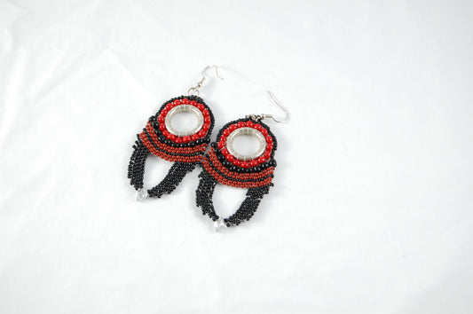 Red and Black Bohemian Beaded Fringe Earrings