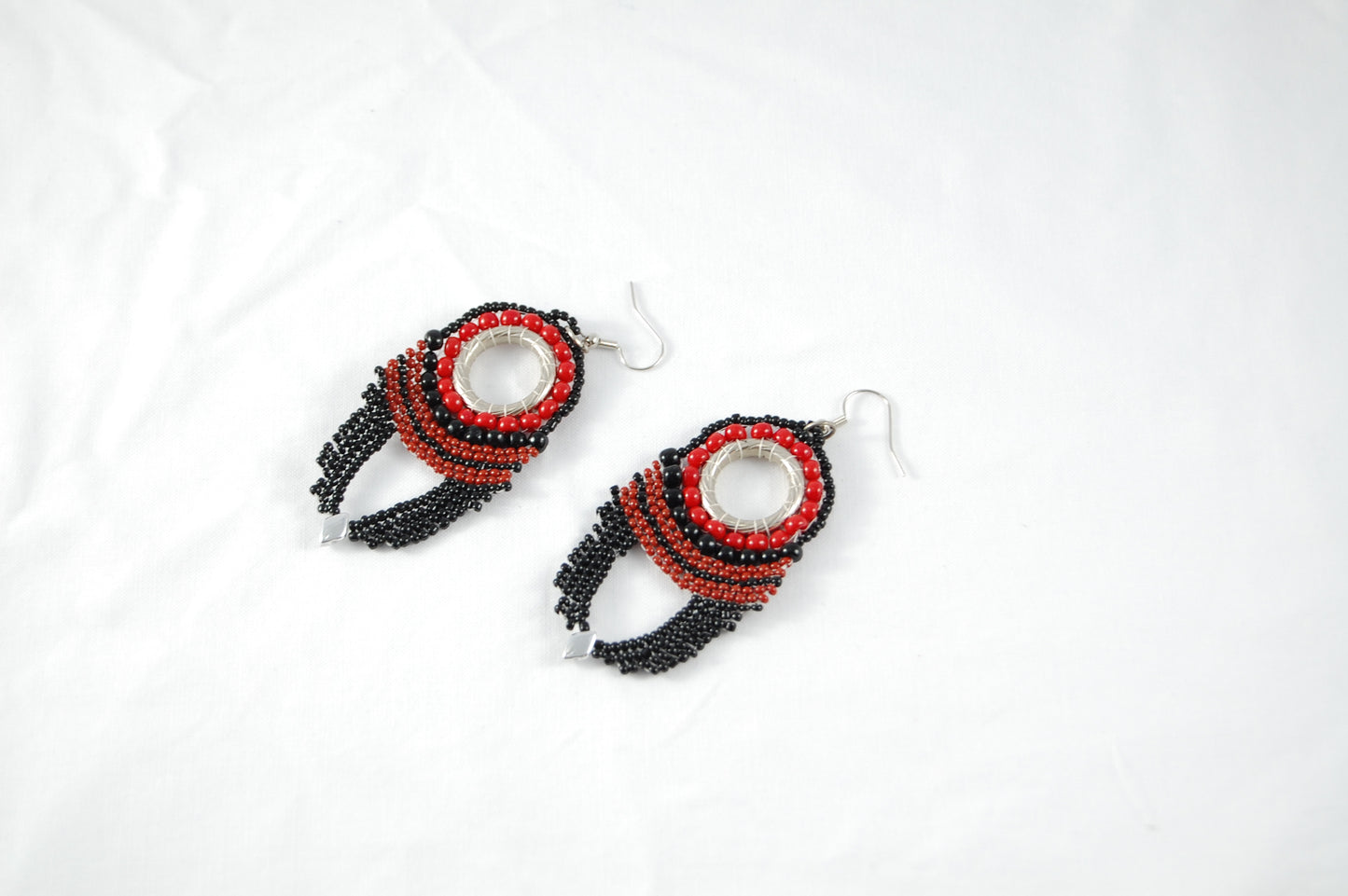Red and Black Bohemian Beaded Fringe Earrings