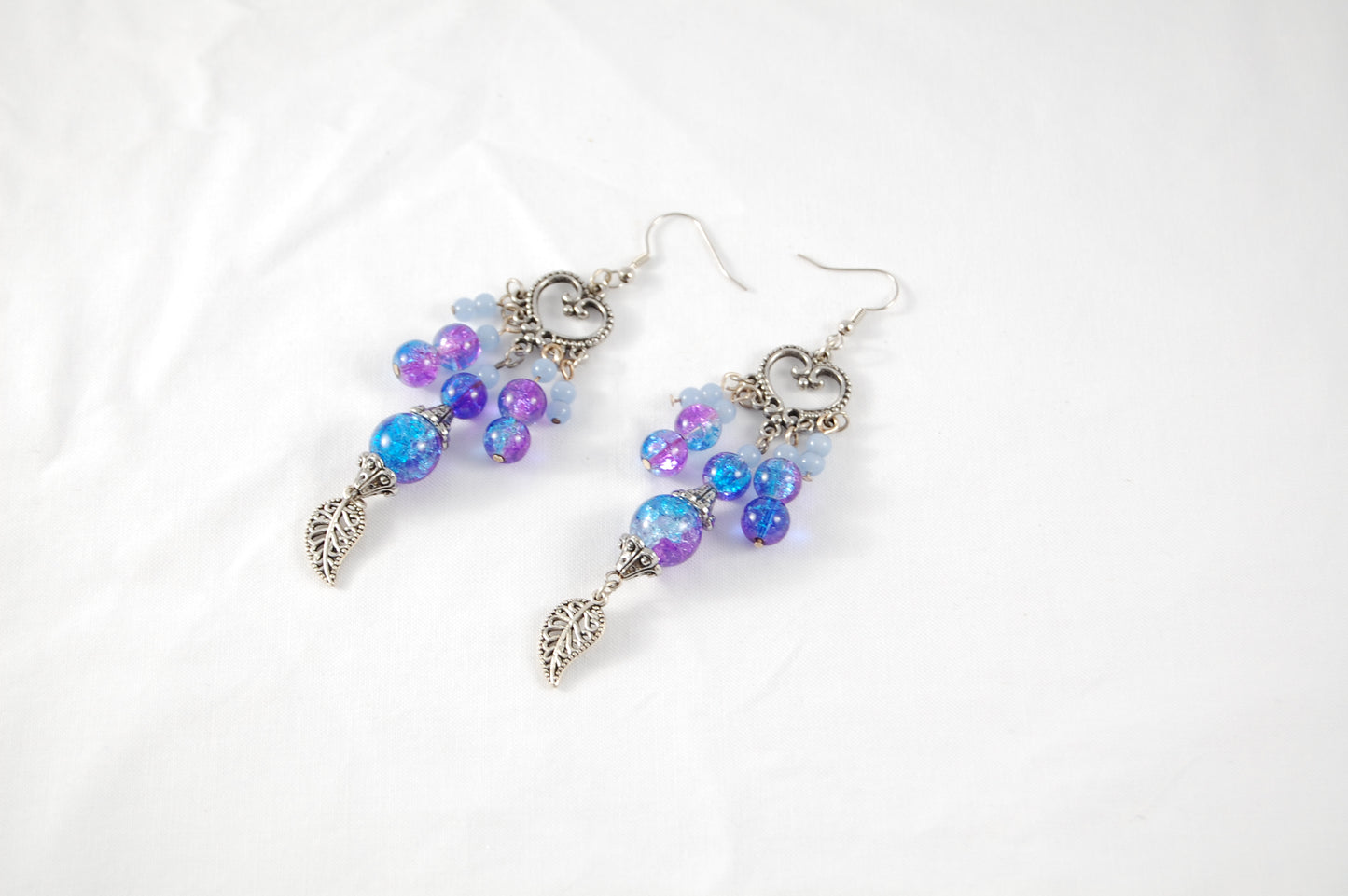 Purple Heart and Crackle Bead Chandelier Earrings