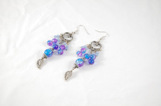 Purple Heart and Crackle Bead Chandelier Earrings