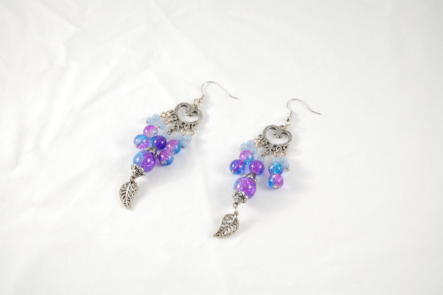 Purple Heart and Crackle Bead Chandelier Earrings