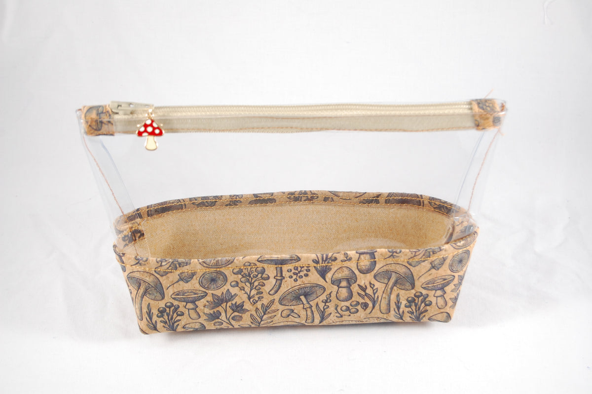 Mushroom Cork and Clear Vinyl Makeup Pouch