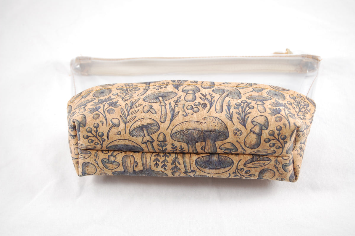 Mushroom Cork and Clear Vinyl Makeup Pouch