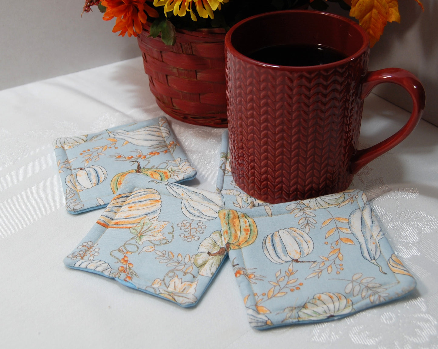 Pumpkin Patch Mug Rug Set – Handmade Fall Fabric Coasters