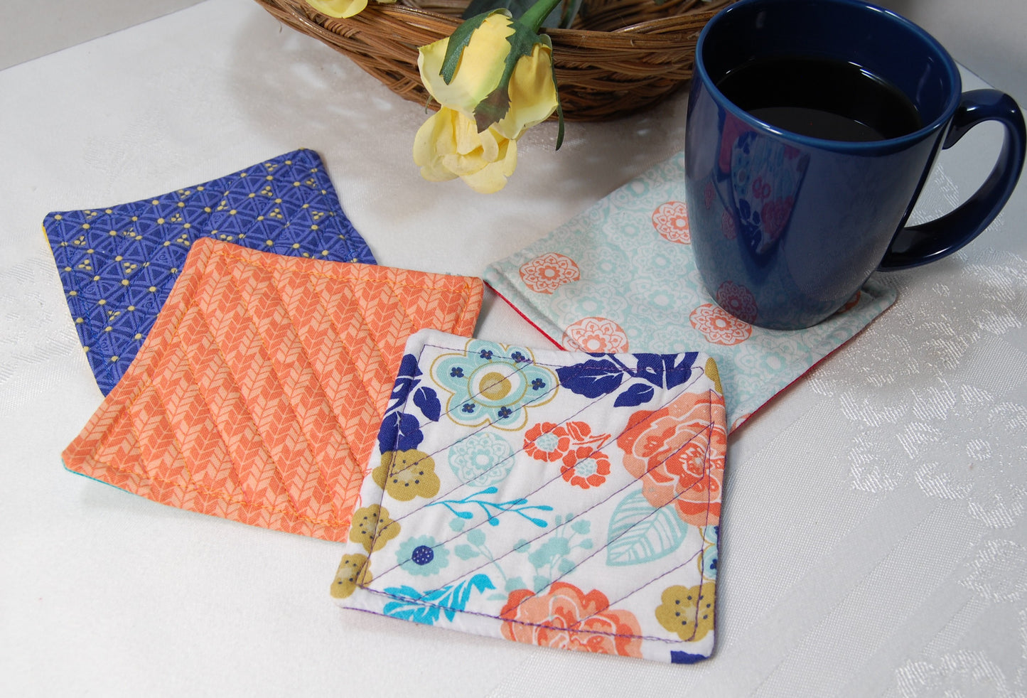 Floral Fabric Coasters Set of 4 | Reversible Mug Rugs | Handmade Coffee Bar Decor | Cottagecore Kitchen Gift