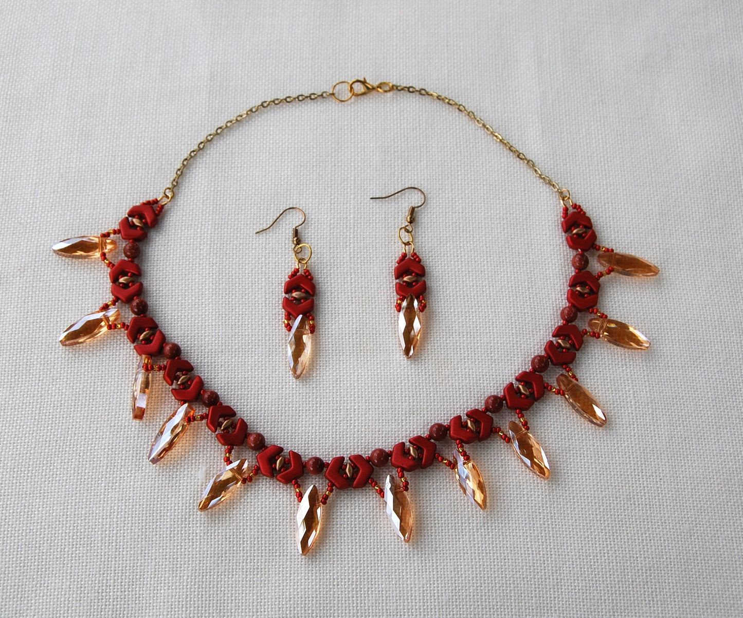 Red Crystal Statement Necklace and Earrings Set | Handmade Beaded Jewelry