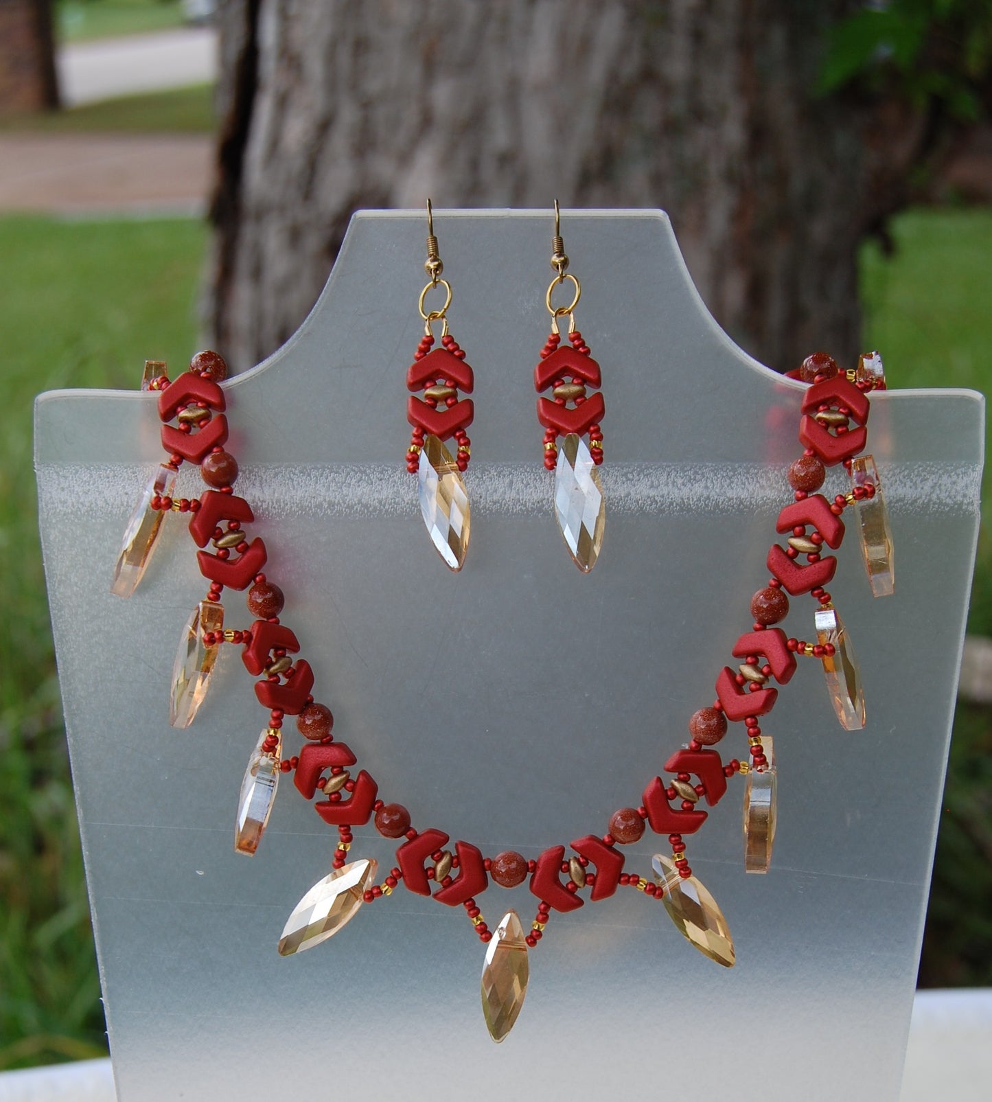 Red Crystal Statement Necklace and Earrings Set | Handmade Beaded Jewelry