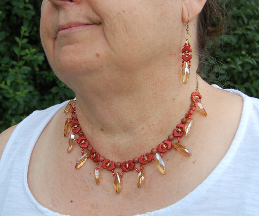 Red Crystal Statement Necklace and Earrings Set | Handmade Beaded Jewelry