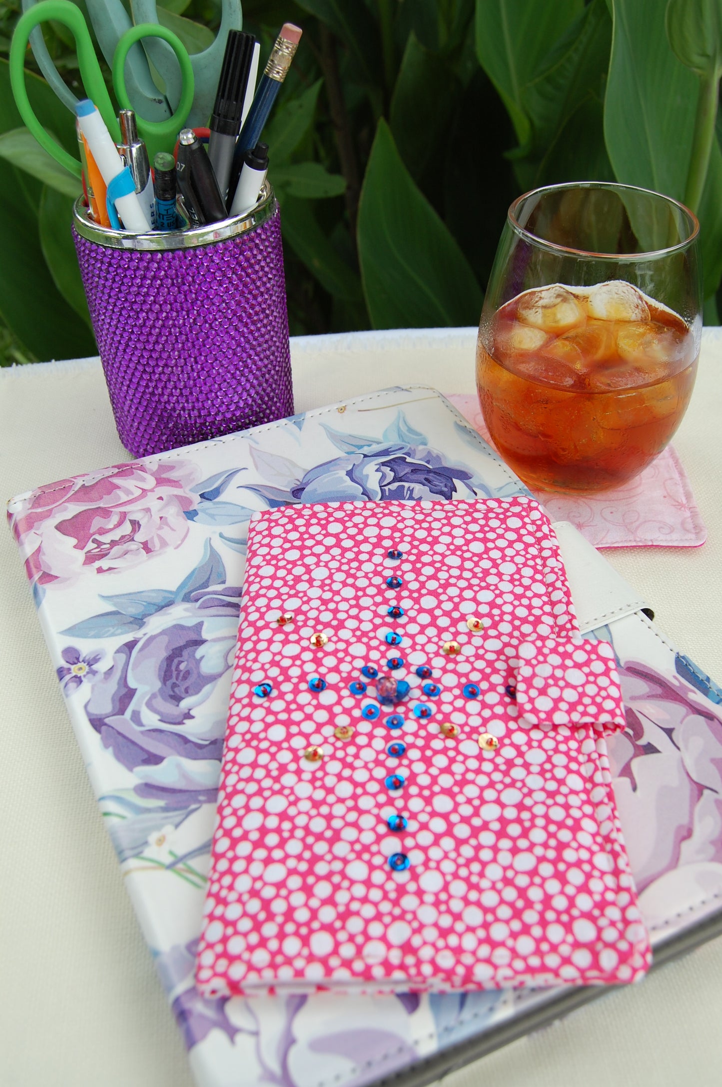 Hand Beaded Pink Pocket Planner Cover | Handmade Fabric Planner Cover
