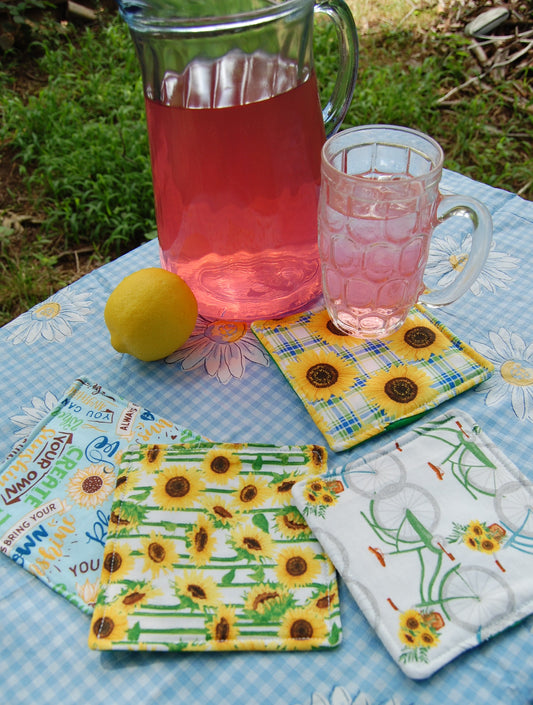 Mixed Print Sunflower Mug Rug Set – Handmade Fabric Coasters